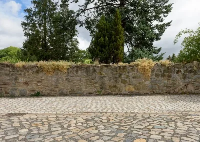 Historische Steinmauer am Kloster Michaelstein mit Weg aus Natursteinpflaster im Bereich des Wirtschaftshofes.